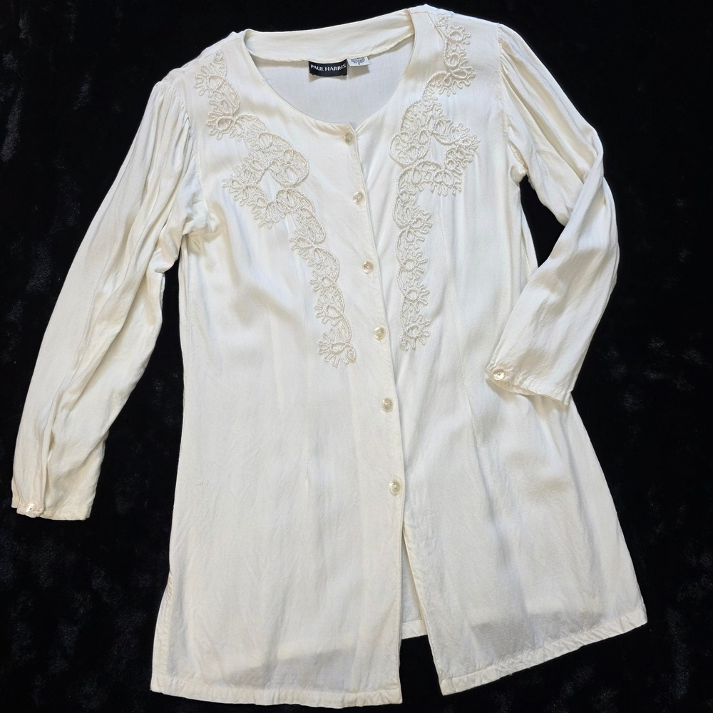 Paul Harris Embroidered Tunic Women  Small White Cream Long Sleeve Blouse GUC
